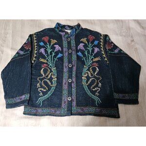 Sugar Street Weavers Black Green Multi Woven Tapestry Jacket Floral Vase Sz L